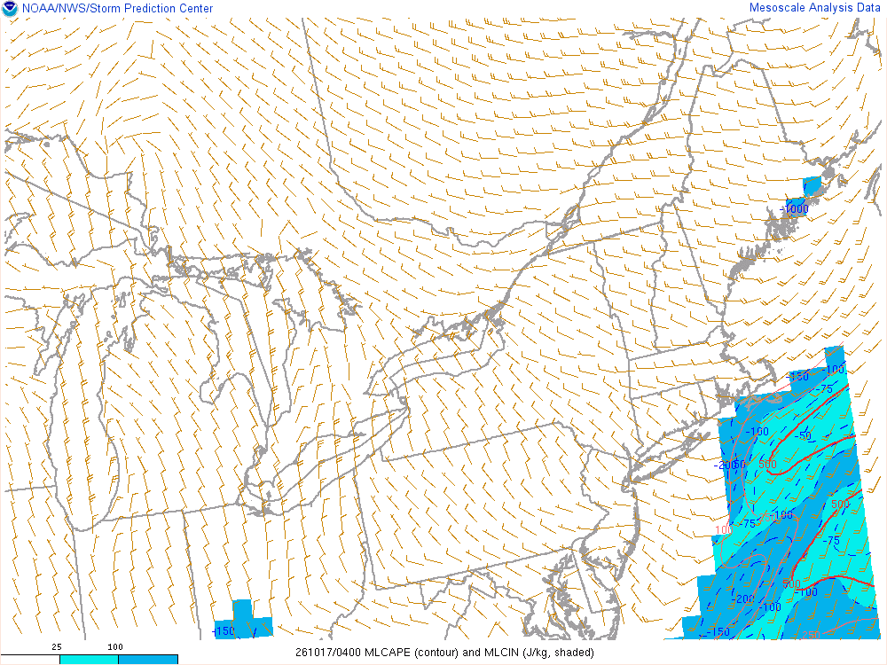 SPC mesoanalysis map, Mixed-layer CAPE and CIN, Northeast region, analysis for 04Z. Its key and units are in SPC’s picture; what it shows is described beside it.