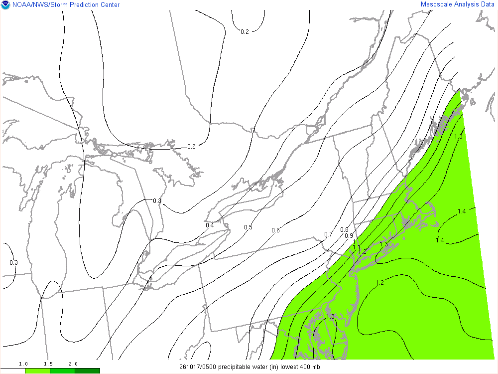 SPC mesoanalysis map, Precipitable water, Northeast region, analysis for 05Z. Its key and units are in SPC’s picture; what it shows is described beside it.