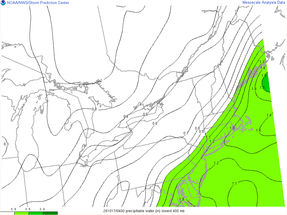 SPC mesoanalysis map, Precipitable water, Northeast region, analysis for 04Z. Its key and units are in SPC’s picture; what it shows is described beside it.