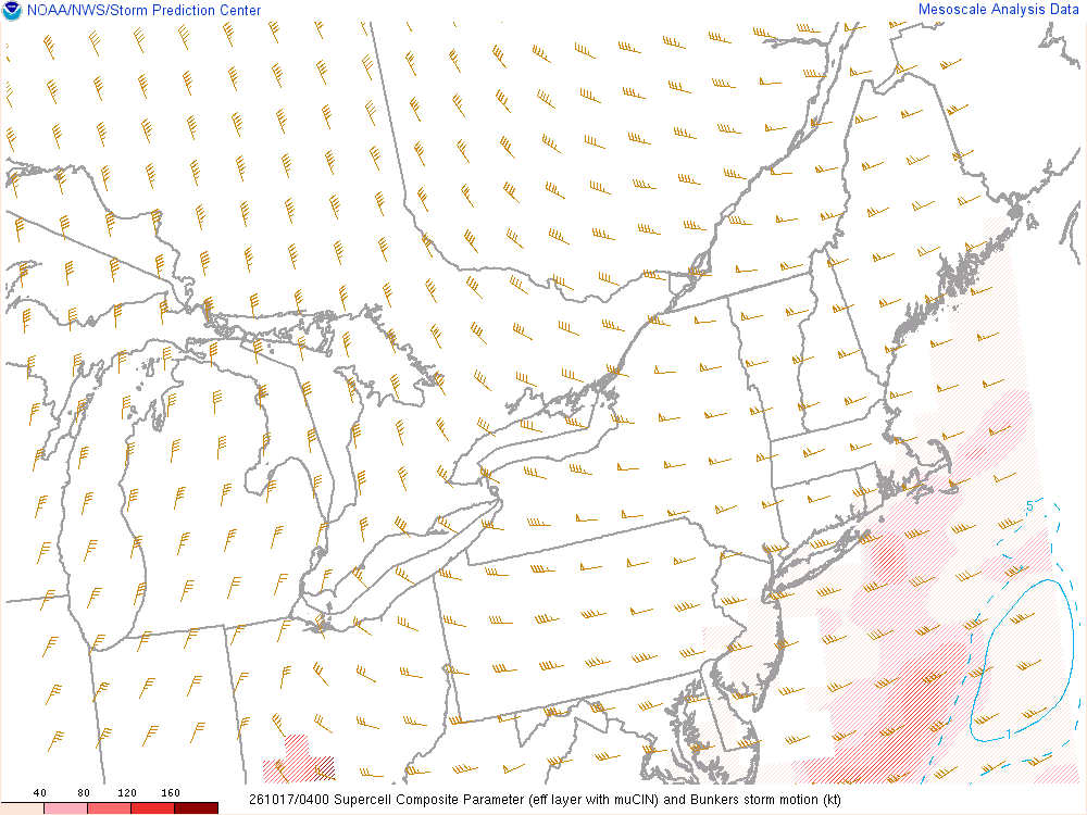 SPC mesoanalysis map, Supercell composite parameter, Northeast region, analysis for 04Z. Its key and units are in SPC’s picture; what it shows is described beside it.