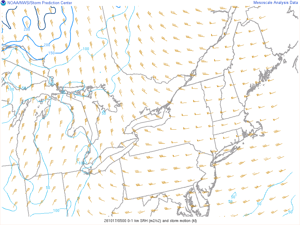 SPC mesoanalysis map, 0–1 km storm-relative helicity, Northeast region, analysis for 05Z. Its key and units are in SPC’s picture; what it shows is described beside it.