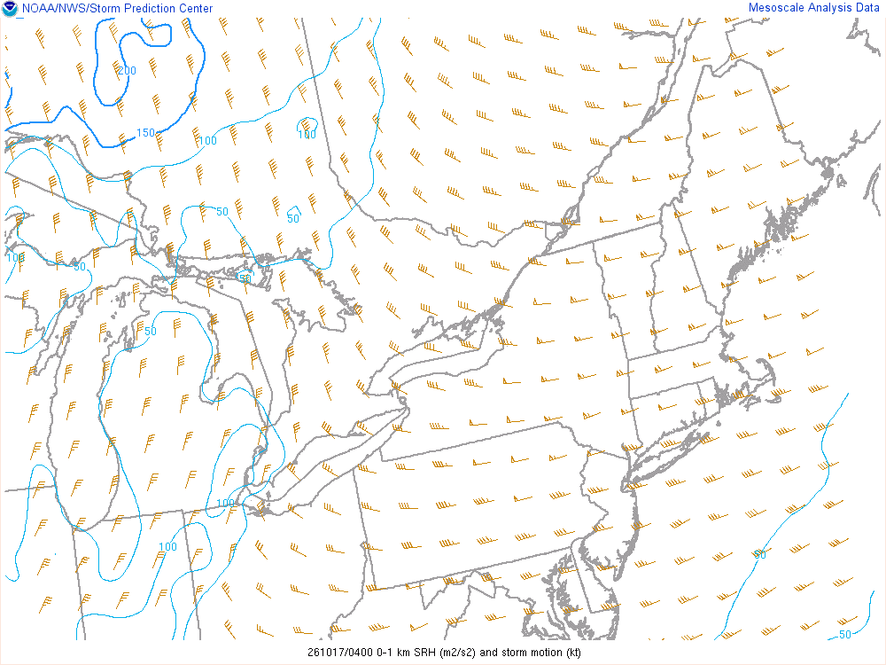 SPC mesoanalysis map, 0–1 km storm-relative helicity, Northeast region, analysis for 04Z. Its key and units are in SPC’s picture; what it shows is described beside it.
