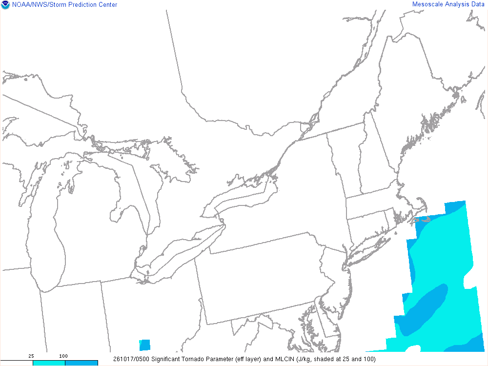SPC mesoanalysis map, Significant tornado parameter (effective layer), Northeast region, analysis for 05Z. Its key and units are in SPC’s picture; what it shows is described beside it.