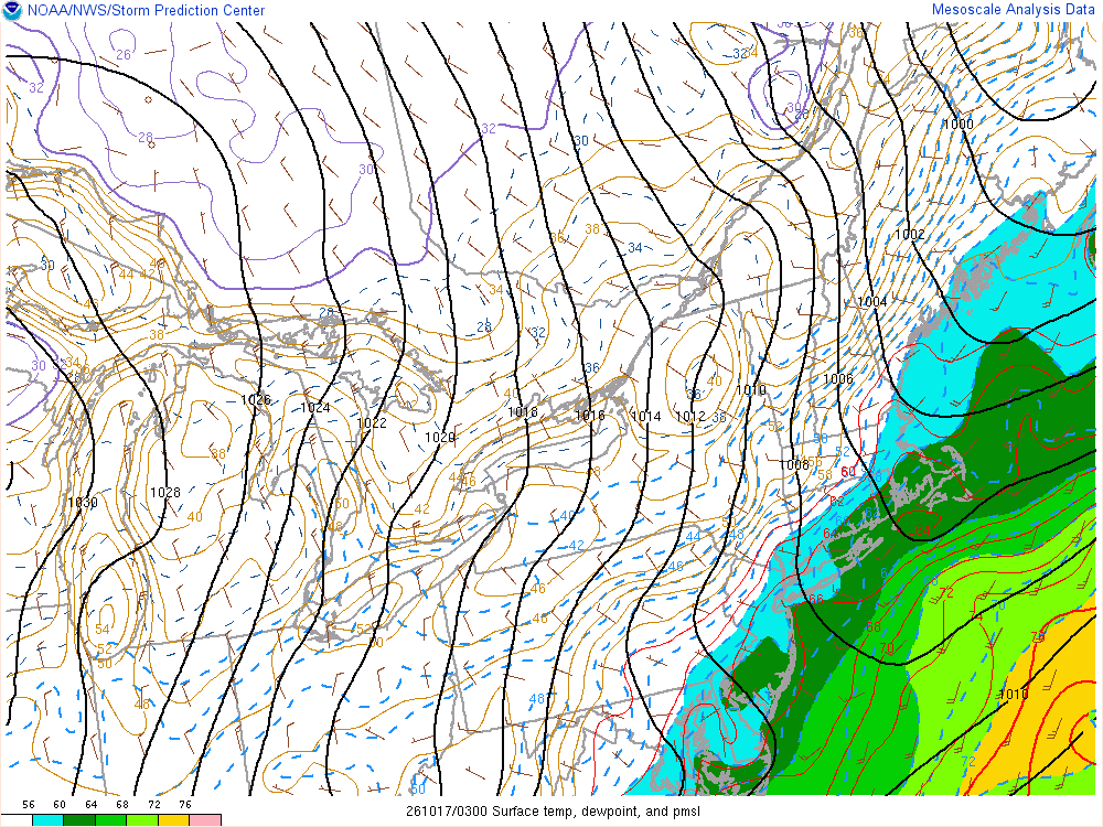 SPC mesoanalysis map, Surface temperature, dew point and sea-level pressure, Northeast region, analysis for 03Z. Its key and units are in SPC’s picture; what it shows is described beside it.