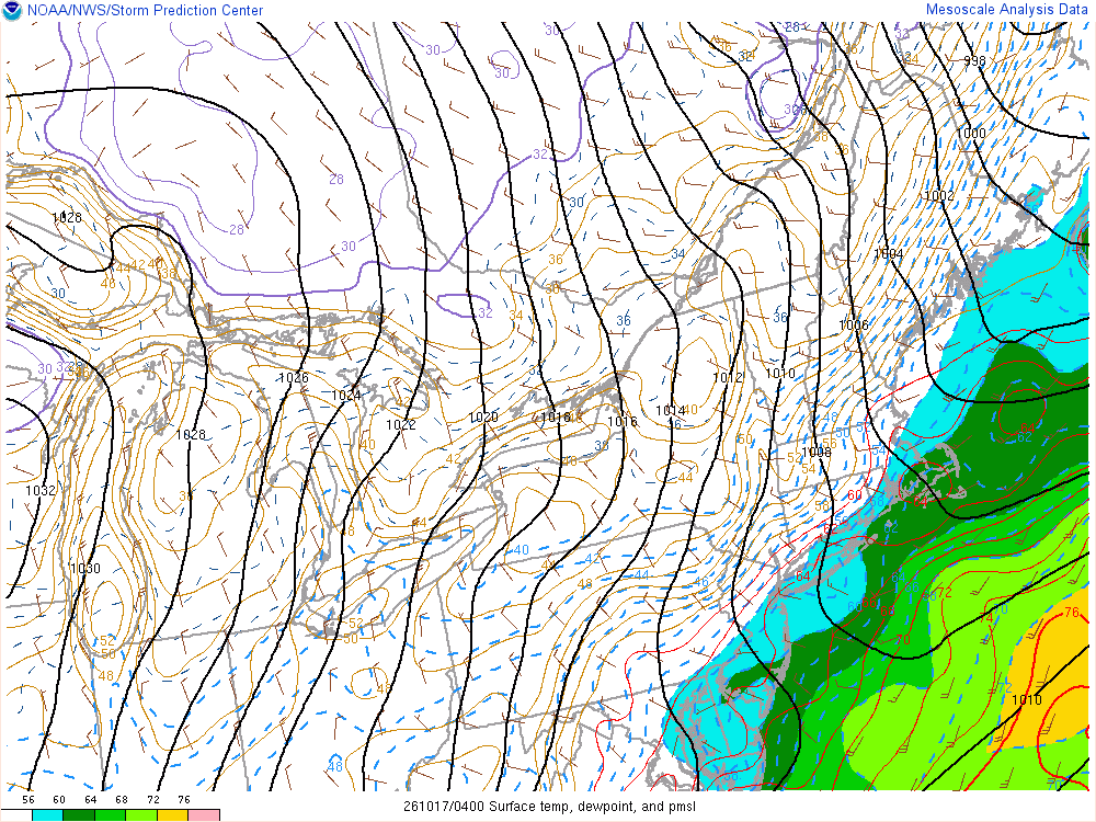 SPC mesoanalysis map, Surface temperature, dew point and sea-level pressure, Northeast region, analysis for 04Z. Its key and units are in SPC’s picture; what it shows is described beside it.