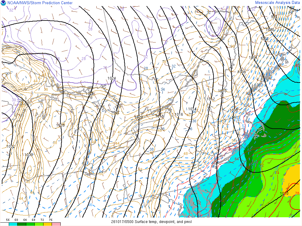 SPC mesoanalysis map, Surface temperature, dew point and sea-level pressure, Northeast region, analysis for 05Z. Its key and units are in SPC’s picture; what it shows is described beside it.