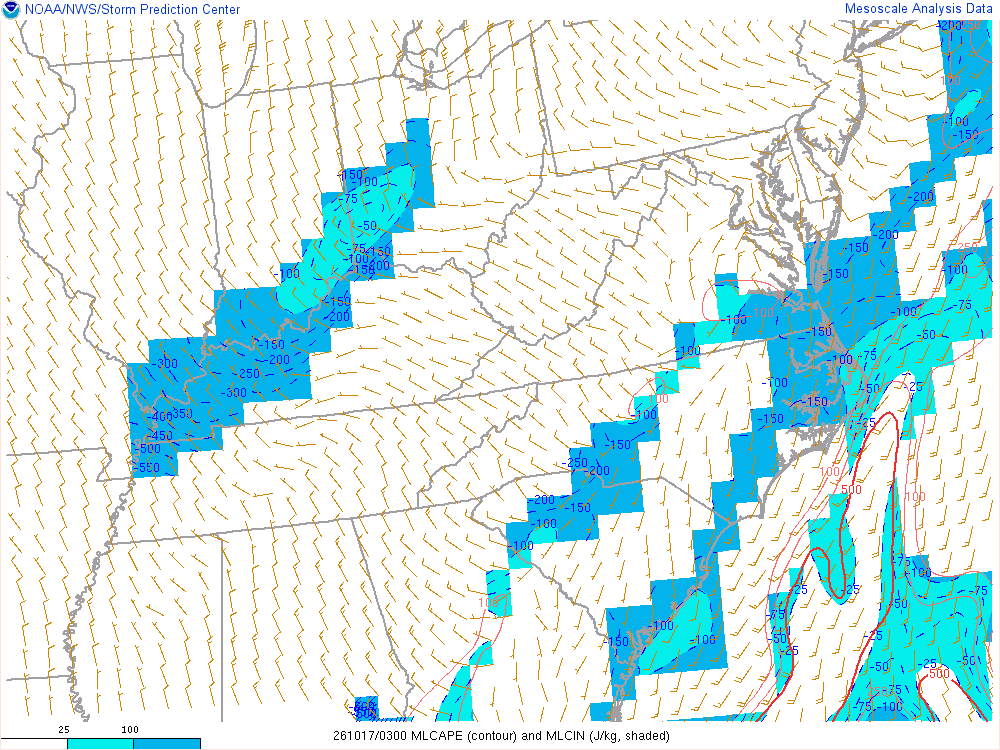 SPC mesoanalysis map, Mixed-layer CAPE and CIN, East Central region, analysis for 03Z. Its key and units are in SPC’s picture; what it shows is described beside it.