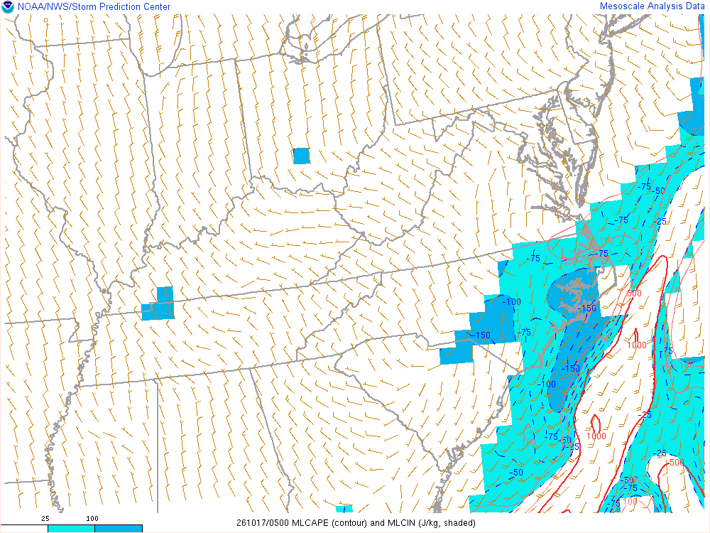 SPC mesoanalysis map, Mixed-layer CAPE and CIN, East Central region, analysis for 05Z. Its key and units are in SPC’s picture; what it shows is described beside it.