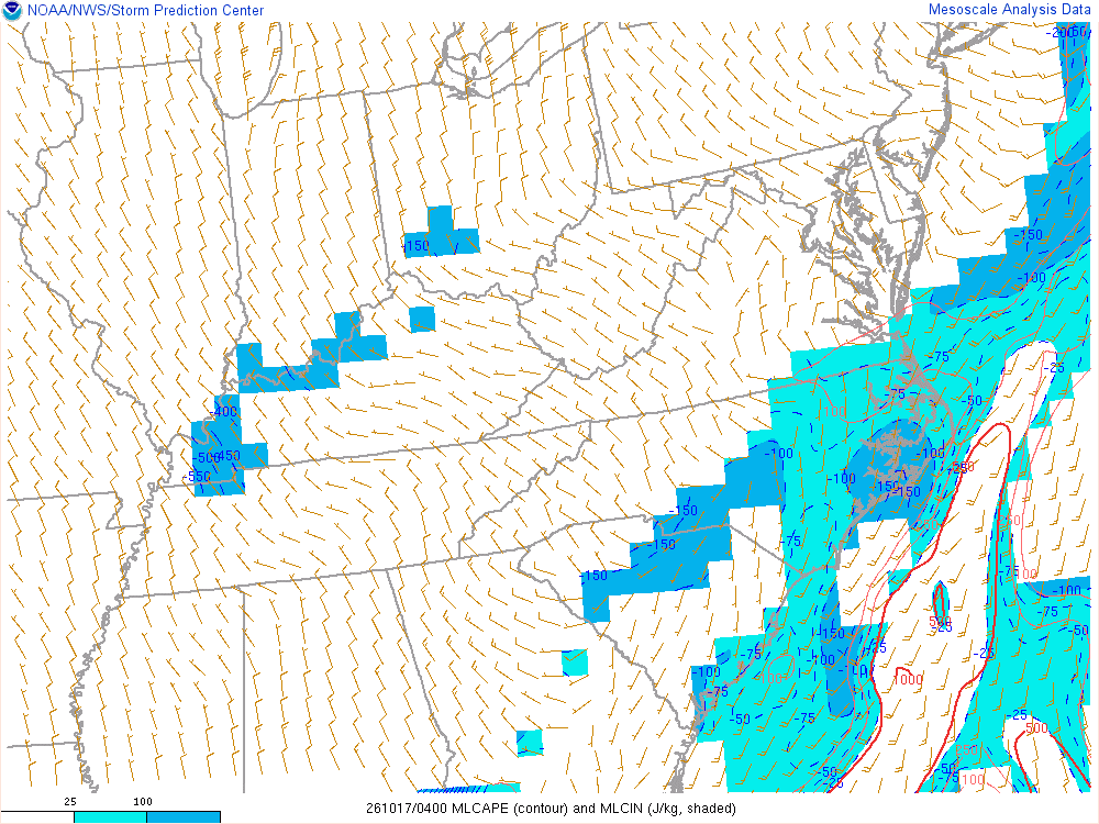 SPC mesoanalysis map, Mixed-layer CAPE and CIN, East Central region, analysis for 04Z. Its key and units are in SPC’s picture; what it shows is described beside it.