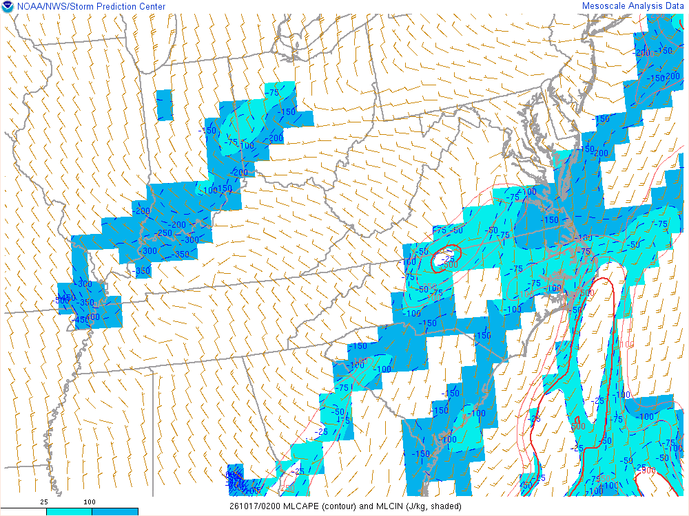 SPC mesoanalysis map, Mixed-layer CAPE and CIN, East Central region, analysis for 02Z. Its key and units are in SPC’s picture; what it shows is described beside it.