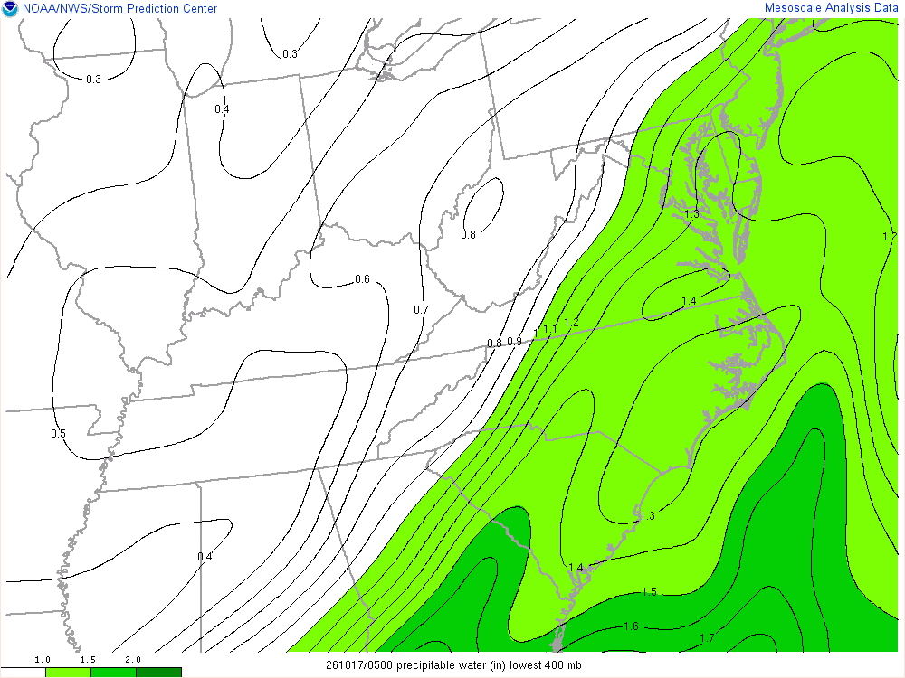 SPC mesoanalysis map, Precipitable water, East Central region, analysis for 05Z. Its key and units are in SPC’s picture; what it shows is described beside it.
