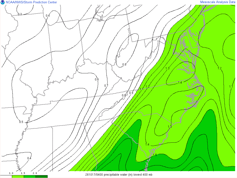 SPC mesoanalysis map, Precipitable water, East Central region, analysis for 04Z. Its key and units are in SPC’s picture; what it shows is described beside it.