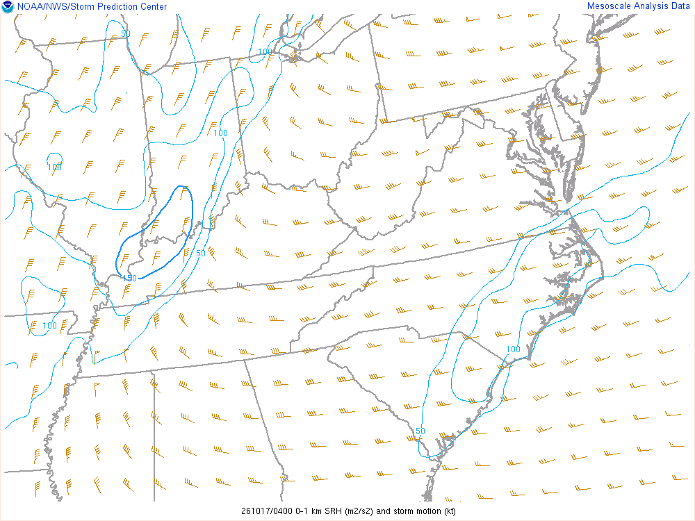 SPC mesoanalysis map, 0–1 km storm-relative helicity, East Central region, analysis for 04Z. Its key and units are in SPC’s picture; what it shows is described beside it.
