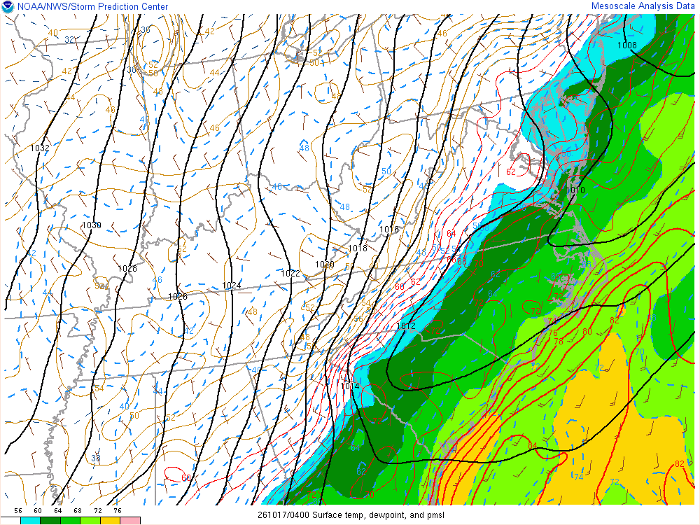 SPC mesoanalysis map, Surface temperature, dew point and sea-level pressure, East Central region, analysis for 04Z. Its key and units are in SPC’s picture; what it shows is described beside it.