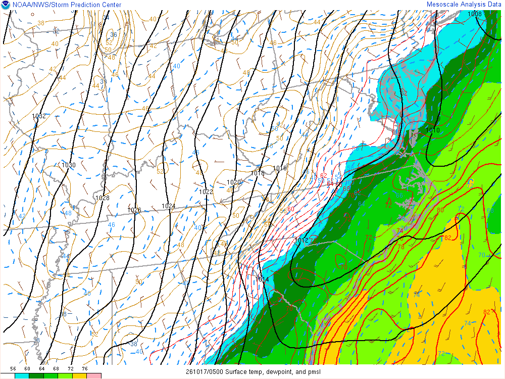 SPC mesoanalysis map, Surface temperature, dew point and sea-level pressure, East Central region, analysis for 05Z. Its key and units are in SPC’s picture; what it shows is described beside it.