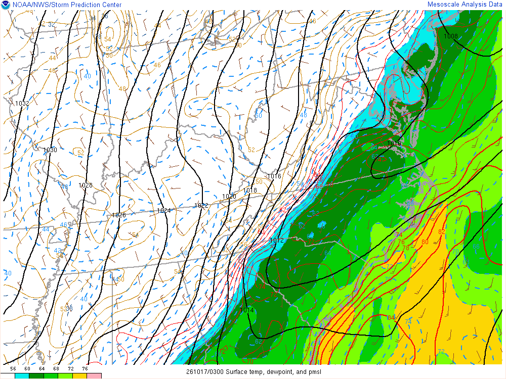 SPC mesoanalysis map, Surface temperature, dew point and sea-level pressure, East Central region, analysis for 03Z. Its key and units are in SPC’s picture; what it shows is described beside it.