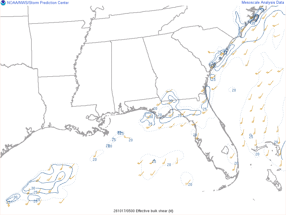 SPC mesoanalysis map, Effective bulk shear, Southeast region, analysis for 05Z. Its key and units are in SPC’s picture; what it shows is described beside it.