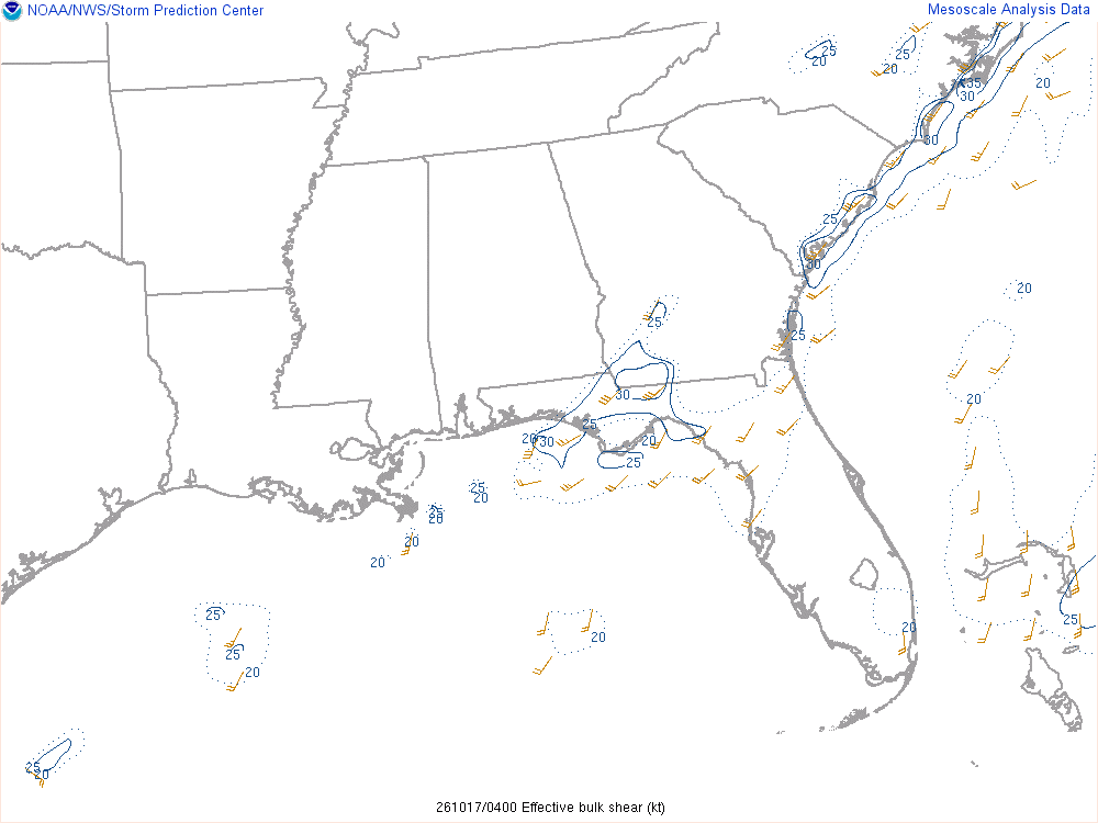 SPC mesoanalysis map, Effective bulk shear, Southeast region, analysis for 04Z. Its key and units are in SPC’s picture; what it shows is described beside it.