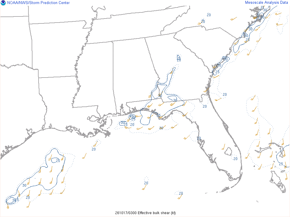 SPC mesoanalysis map, Effective bulk shear, Southeast region, analysis for 03Z. Its key and units are in SPC’s picture; what it shows is described beside it.