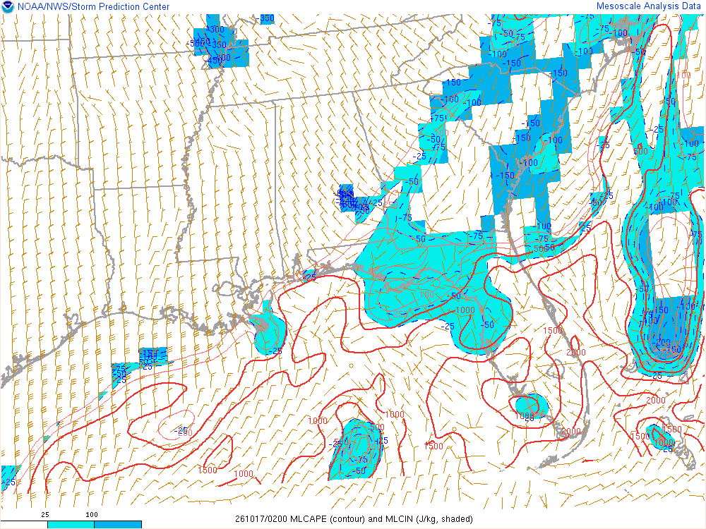 SPC mesoanalysis map, Mixed-layer CAPE and CIN, Southeast region, analysis for 02Z. Its key and units are in SPC’s picture; what it shows is described beside it.