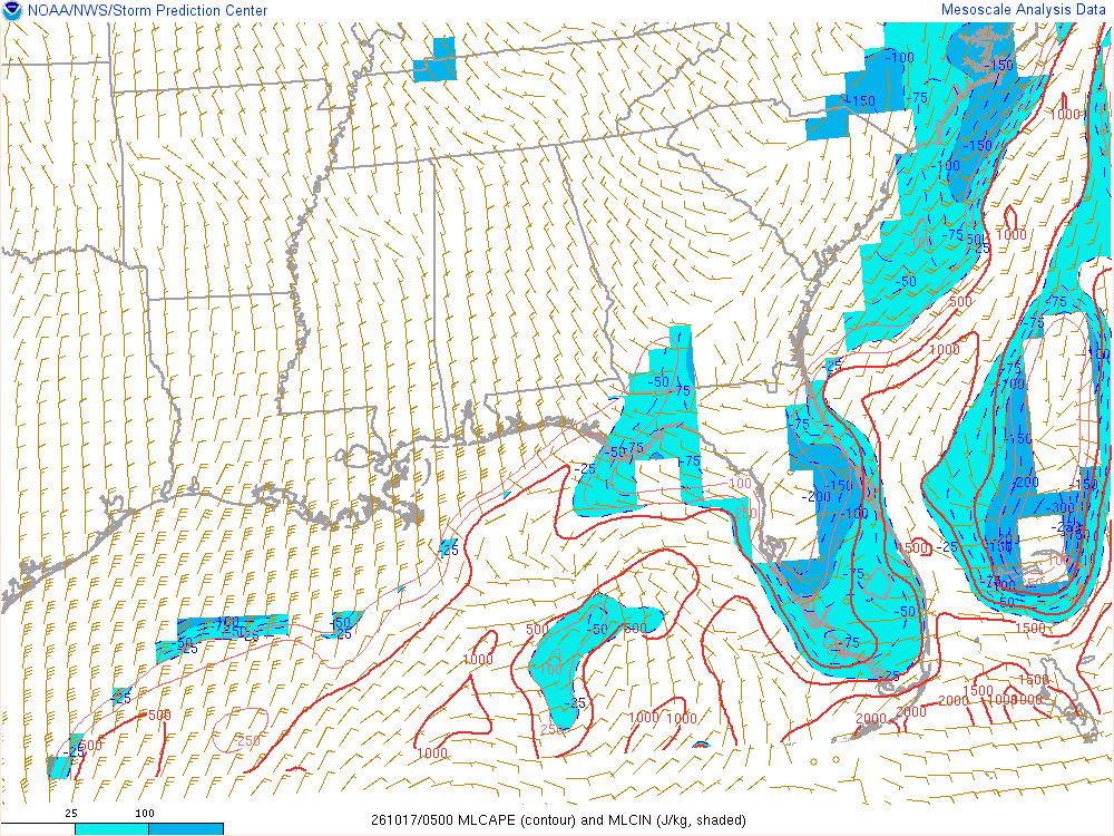 SPC mesoanalysis map, Mixed-layer CAPE and CIN, Southeast region, analysis for 05Z. Its key and units are in SPC’s picture; what it shows is described beside it.