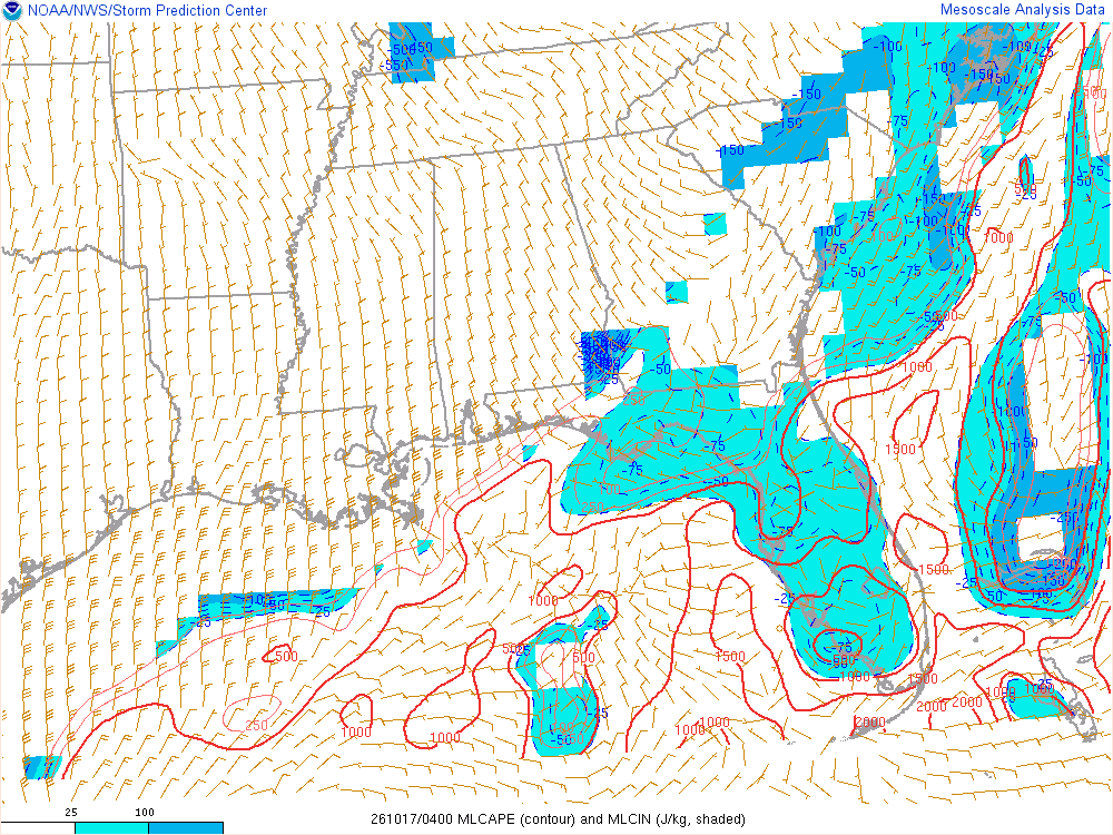 SPC mesoanalysis map, Mixed-layer CAPE and CIN, Southeast region, analysis for 04Z. Its key and units are in SPC’s picture; what it shows is described beside it.