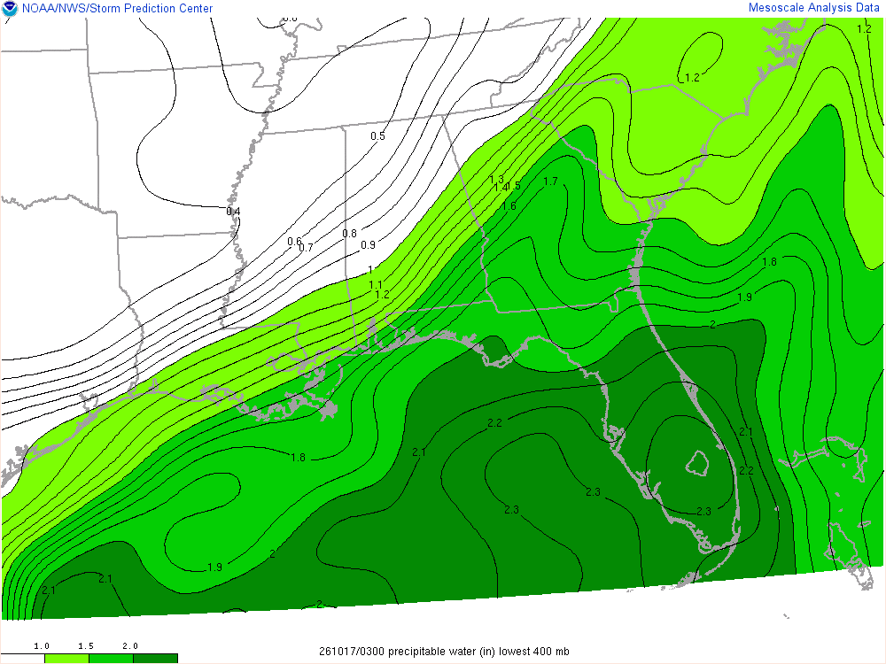 SPC mesoanalysis map, Precipitable water, Southeast region, analysis for 03Z. Its key and units are in SPC’s picture; what it shows is described beside it.