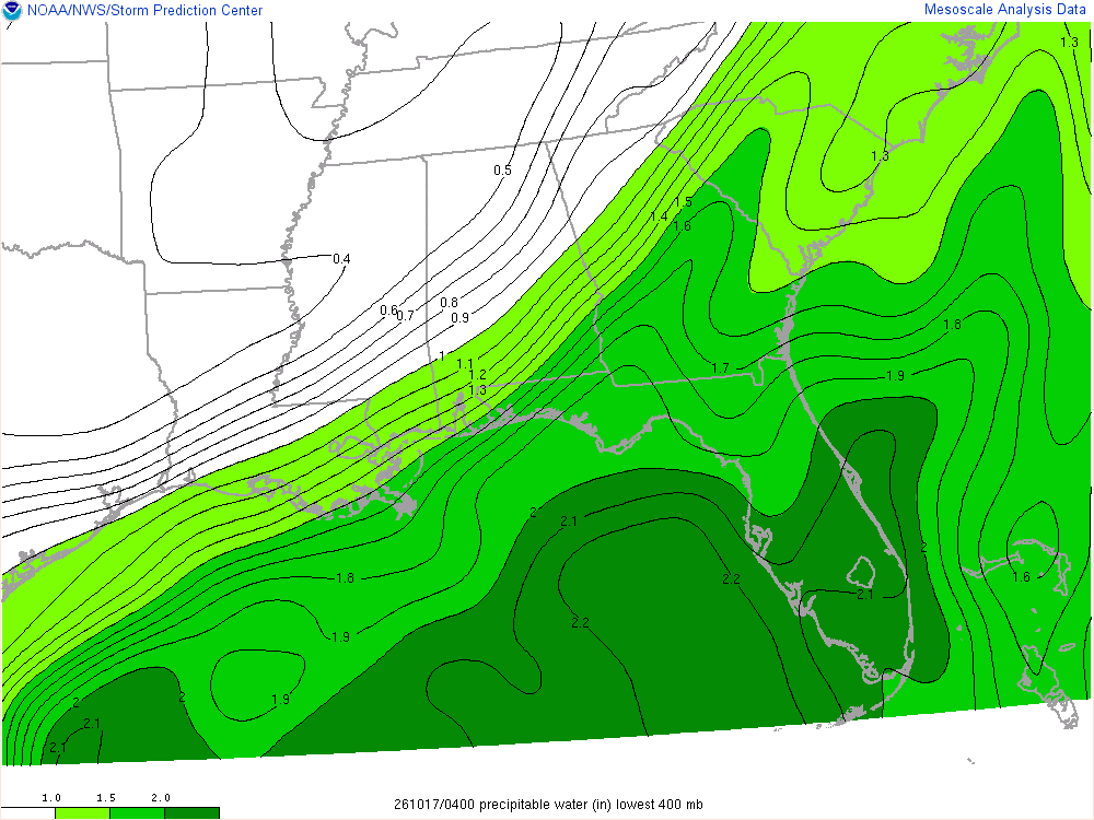 SPC mesoanalysis map, Precipitable water, Southeast region, analysis for 04Z. Its key and units are in SPC’s picture; what it shows is described beside it.