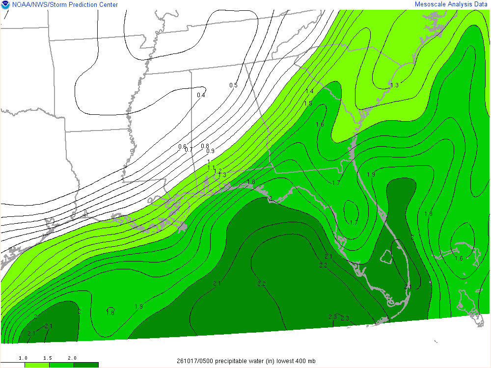 SPC mesoanalysis map, Precipitable water, Southeast region, analysis for 05Z. Its key and units are in SPC’s picture; what it shows is described beside it.