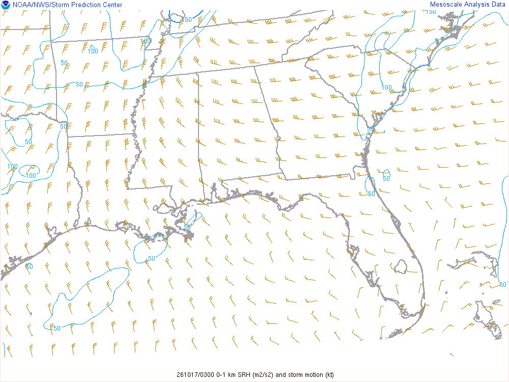 SPC mesoanalysis map, 0–1 km storm-relative helicity, Southeast region, analysis for 03Z. Its key and units are in SPC’s picture; what it shows is described beside it.