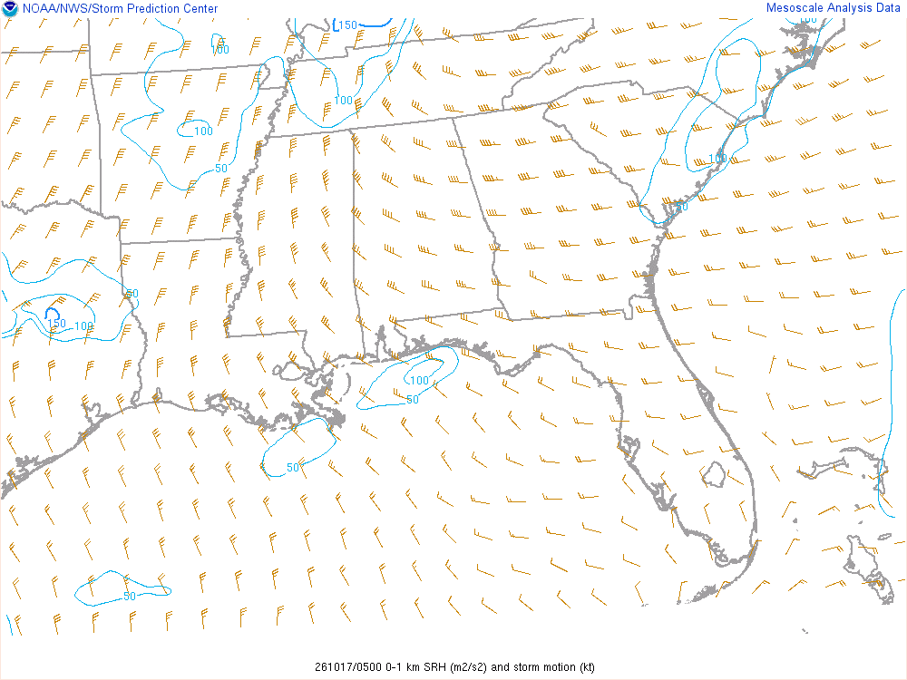 SPC mesoanalysis map, 0–1 km storm-relative helicity, Southeast region, analysis for 05Z. Its key and units are in SPC’s picture; what it shows is described beside it.