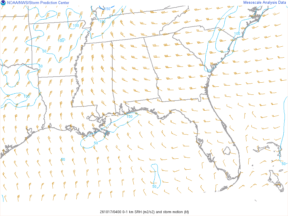 SPC mesoanalysis map, 0–1 km storm-relative helicity, Southeast region, analysis for 04Z. Its key and units are in SPC’s picture; what it shows is described beside it.
