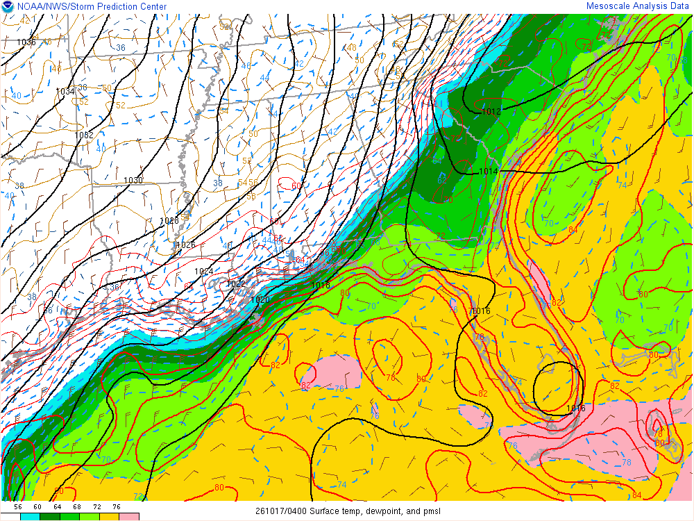 SPC mesoanalysis map, Surface temperature, dew point and sea-level pressure, Southeast region, analysis for 04Z. Its key and units are in SPC’s picture; what it shows is described beside it.