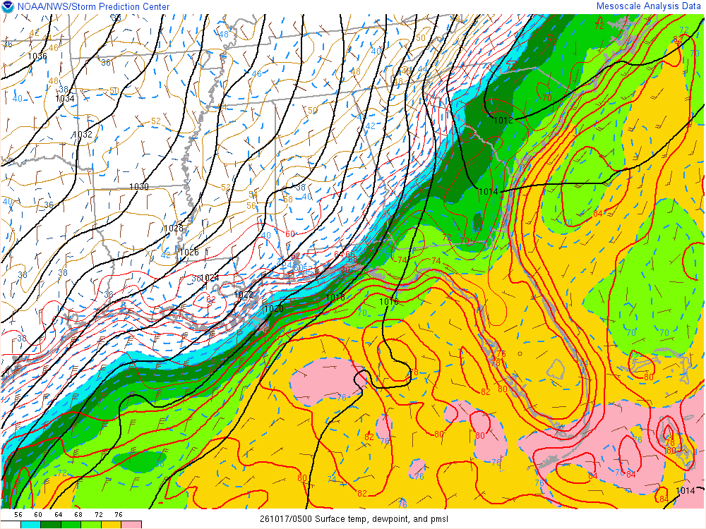 SPC mesoanalysis map, Surface temperature, dew point and sea-level pressure, Southeast region, analysis for 05Z. Its key and units are in SPC’s picture; what it shows is described beside it.