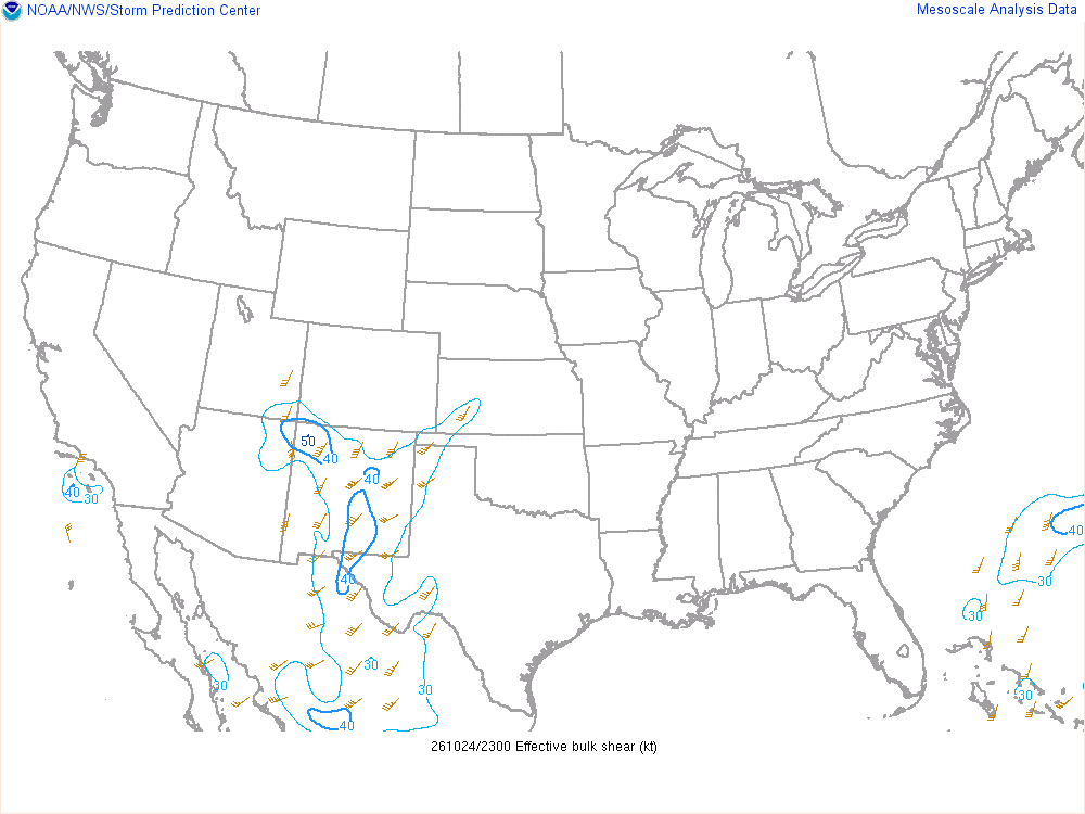 SPC mesoanalysis map, Effective bulk shear, lower 48, analysis for 00Z. Its key and units are in SPC’s picture; what it shows is described beside it.