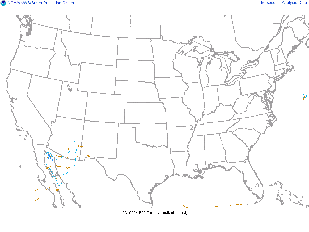 SPC mesoanalysis map, Effective bulk shear, lower 48, analysis for 16Z. Its key and units are in SPC’s picture; what it shows is described beside it.