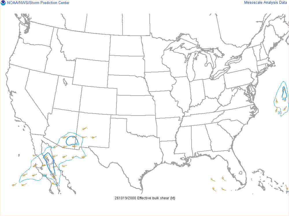 SPC mesoanalysis map, Effective bulk shear, lower 48, analysis for 21Z. Its key and units are in SPC’s picture; what it shows is described beside it.
