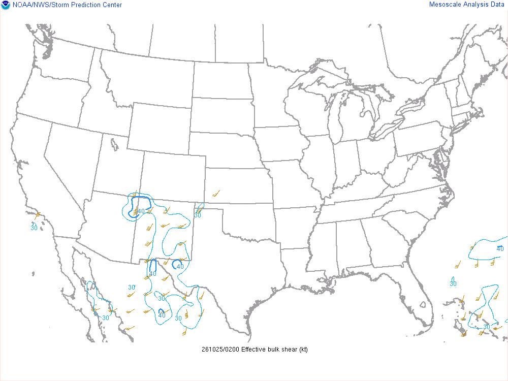 SPC mesoanalysis map, Effective bulk shear, lower 48, analysis for 02Z. Its key and units are in SPC’s picture; what it shows is described beside it.