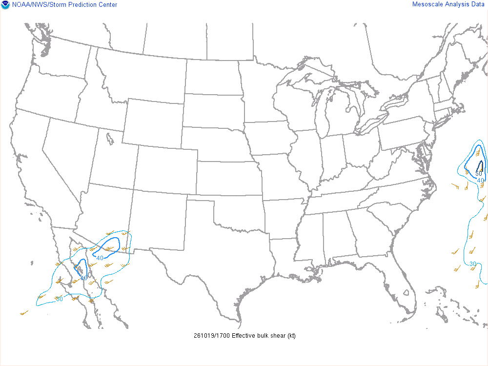 SPC mesoanalysis map, Effective bulk shear, lower 48, analysis for 18Z. Its key and units are in SPC’s picture; what it shows is described beside it.