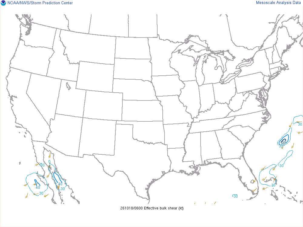 SPC mesoanalysis map, Effective bulk shear, lower 48, analysis for 07Z. Its key and units are in SPC’s picture; what it shows is described beside it.