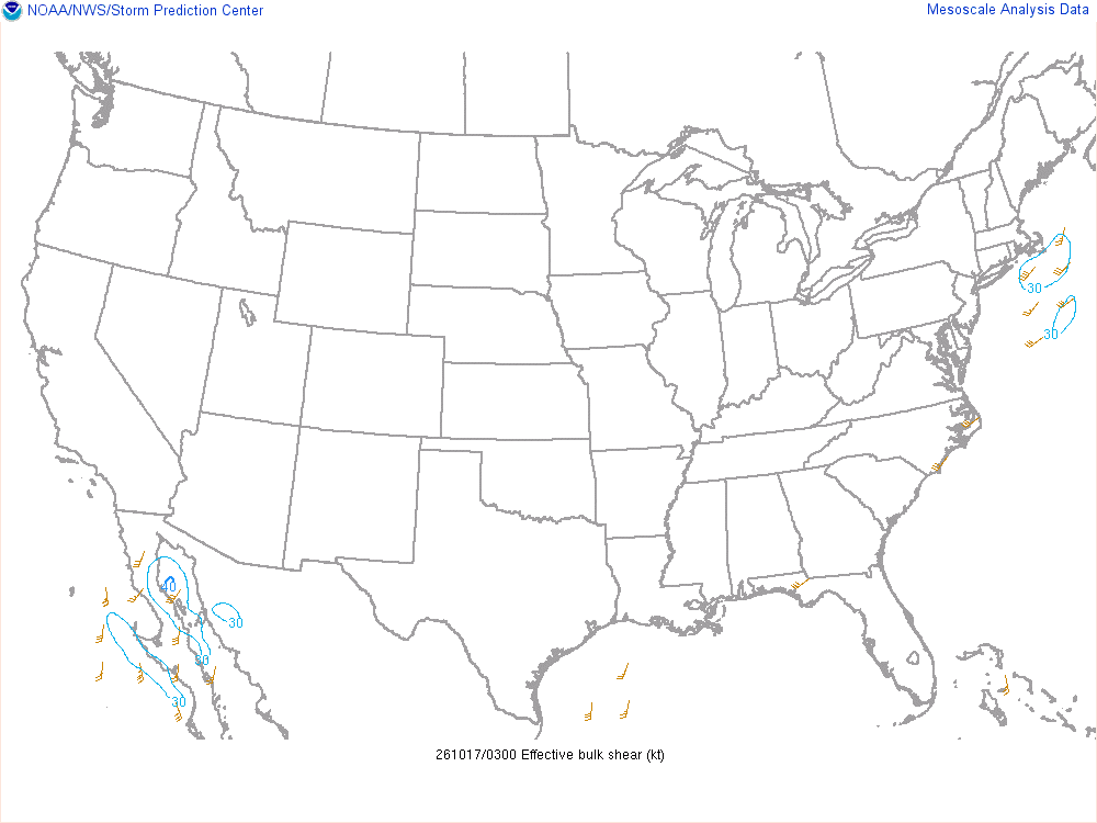 SPC mesoanalysis map, Effective bulk shear, lower 48, analysis for 04Z. Its key and units are in SPC’s picture; what it shows is described beside it.