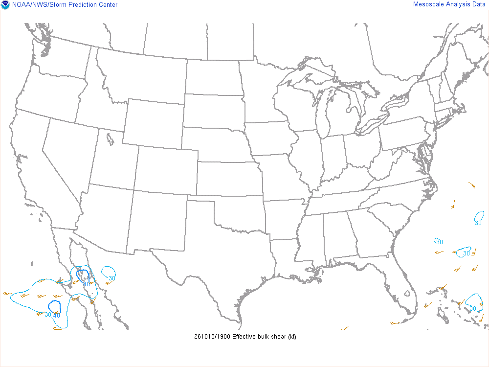 SPC mesoanalysis map, Effective bulk shear, lower 48, analysis for 20Z. Its key and units are in SPC’s picture; what it shows is described beside it.