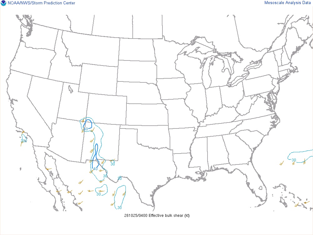 SPC mesoanalysis map, Effective bulk shear, lower 48, analysis for 05Z. Its key and units are in SPC’s picture; what it shows is described beside it.