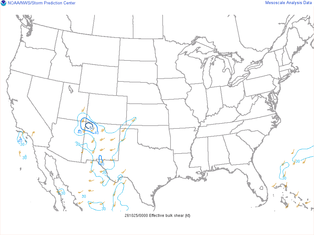 SPC mesoanalysis map, Effective bulk shear, lower 48, analysis for 01Z. Its key and units are in SPC’s picture; what it shows is described beside it.