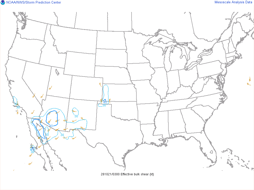 SPC mesoanalysis map, Effective bulk shear, lower 48, analysis for 04Z. Its key and units are in SPC’s picture; what it shows is described beside it.