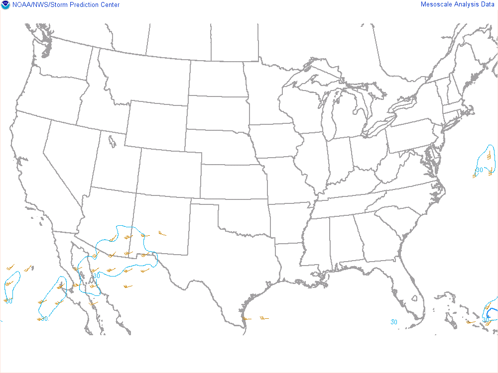 SPC mesoanalysis map, Effective bulk shear, lower 48, analysis for 03Z. Its key and units are in SPC’s picture; what it shows is described beside it.