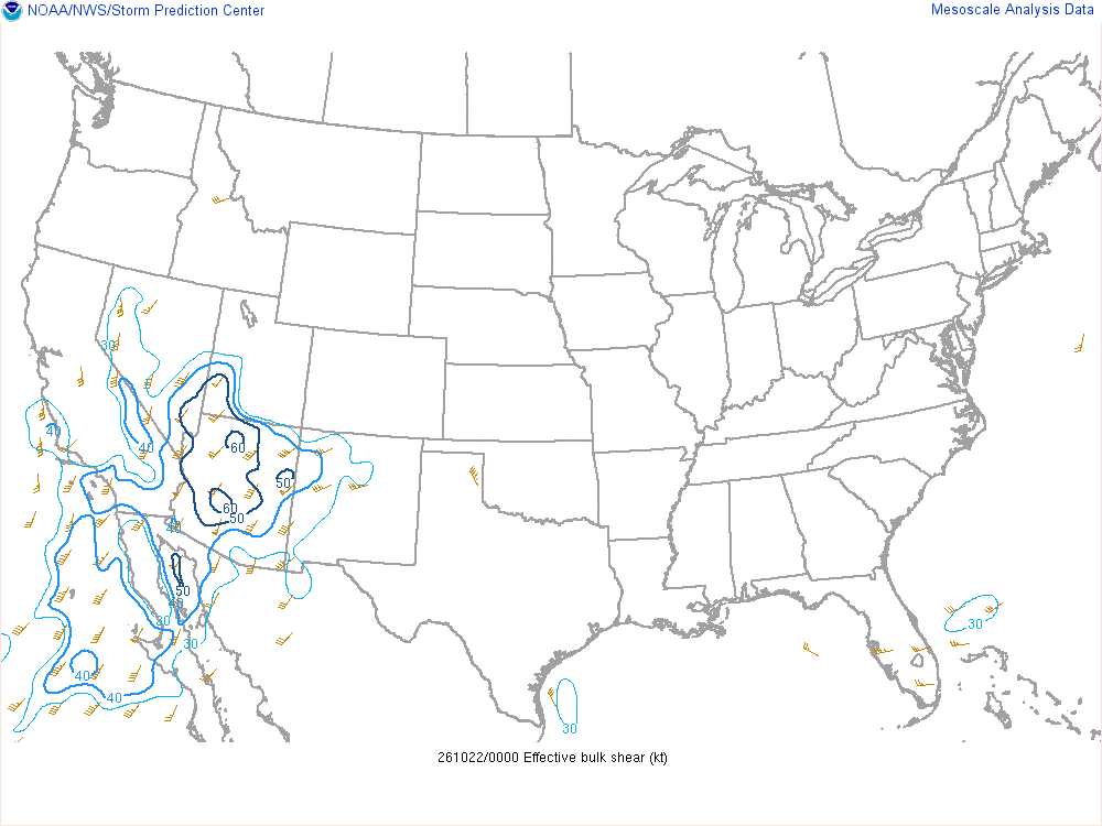 SPC mesoanalysis map, Effective bulk shear, lower 48, analysis for 01Z. Its key and units are in SPC’s picture; what it shows is described beside it.