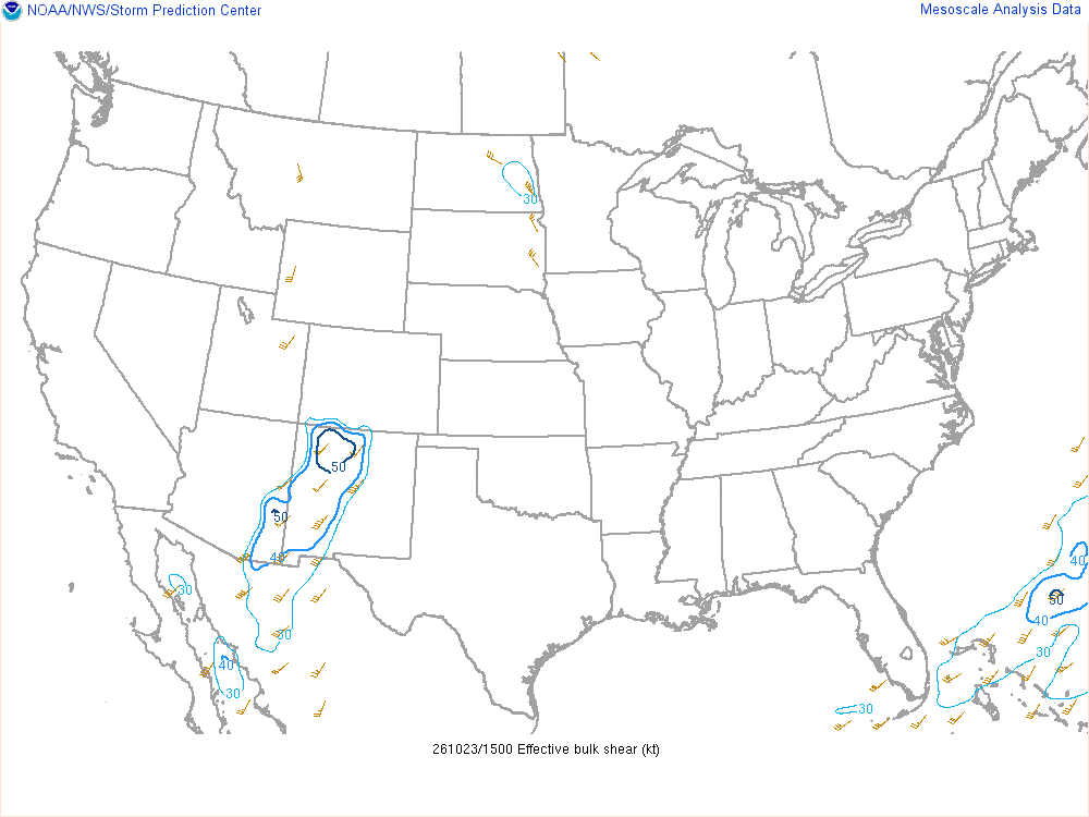 SPC mesoanalysis map, Effective bulk shear, lower 48, analysis for 16Z. Its key and units are in SPC’s picture; what it shows is described beside it.