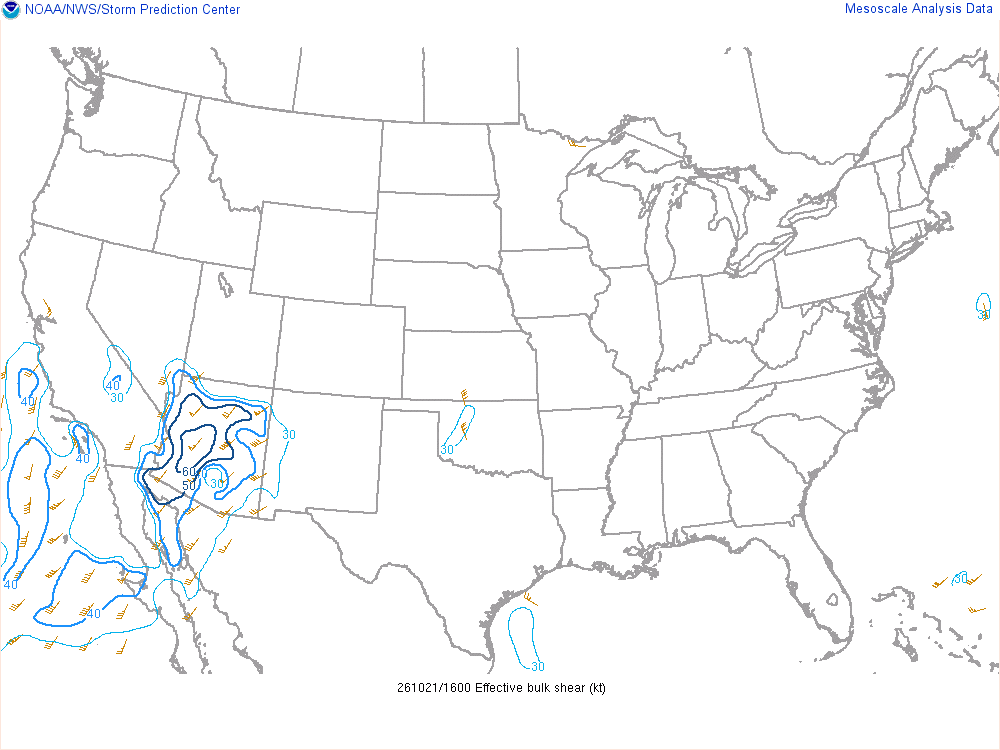 SPC mesoanalysis map, Effective bulk shear, lower 48, analysis for 17Z. Its key and units are in SPC’s picture; what it shows is described beside it.