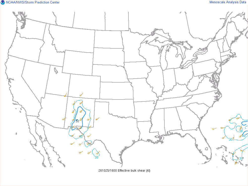SPC mesoanalysis map, Effective bulk shear, lower 48, analysis for 17Z. Its key and units are in SPC’s picture; what it shows is described beside it.